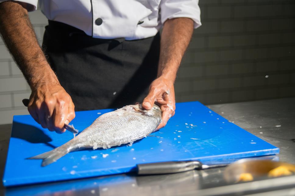 chef cutting fish on plastic cutting board