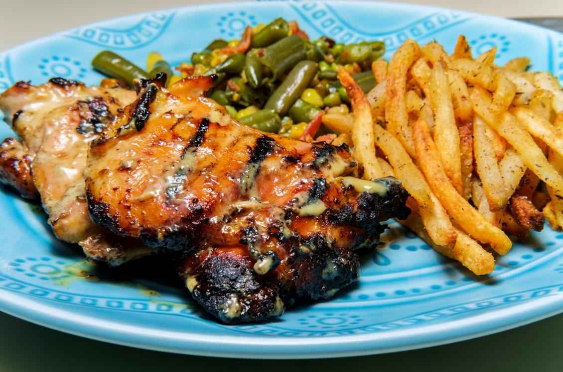grilled chicken tender with honey glazing side fries