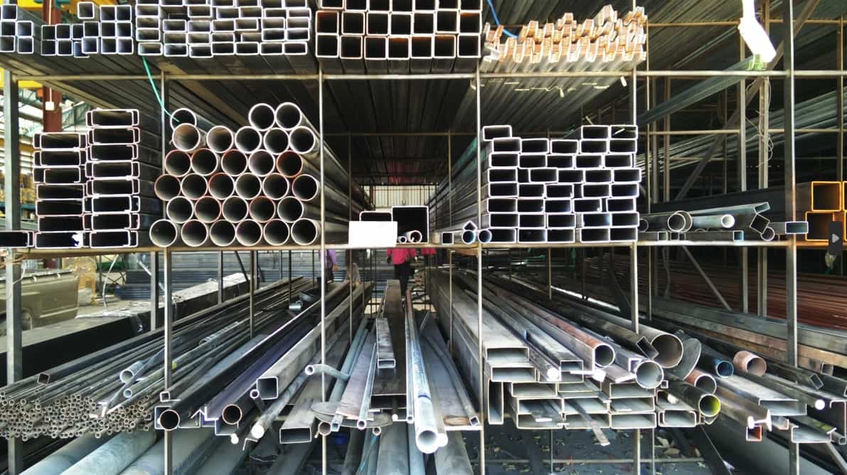 different types of steel laying on shelf